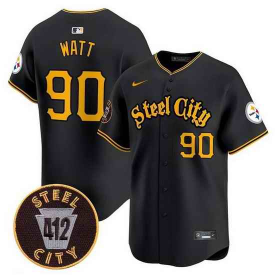 Men Pittsburgh Steelers 90 T J Watt Black 412 Patch Vapor Premier Limited Stitched Baseball Jersey