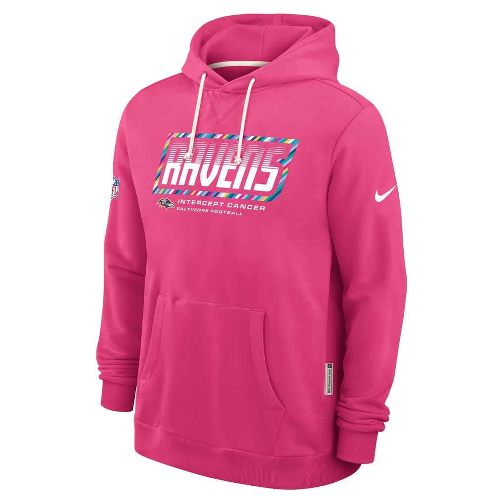 Men's Baltimore Ravens Pink 2026 Crucial Catch Sideline Standard Issue Dri-FIT Pullover Hoodie