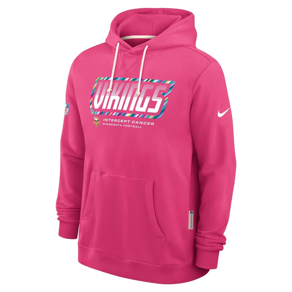 Men's Minnesota Vikings Pink 2026 Crucial Catch Sideline Standard Issue Dri-FIT Pullover Hoodie