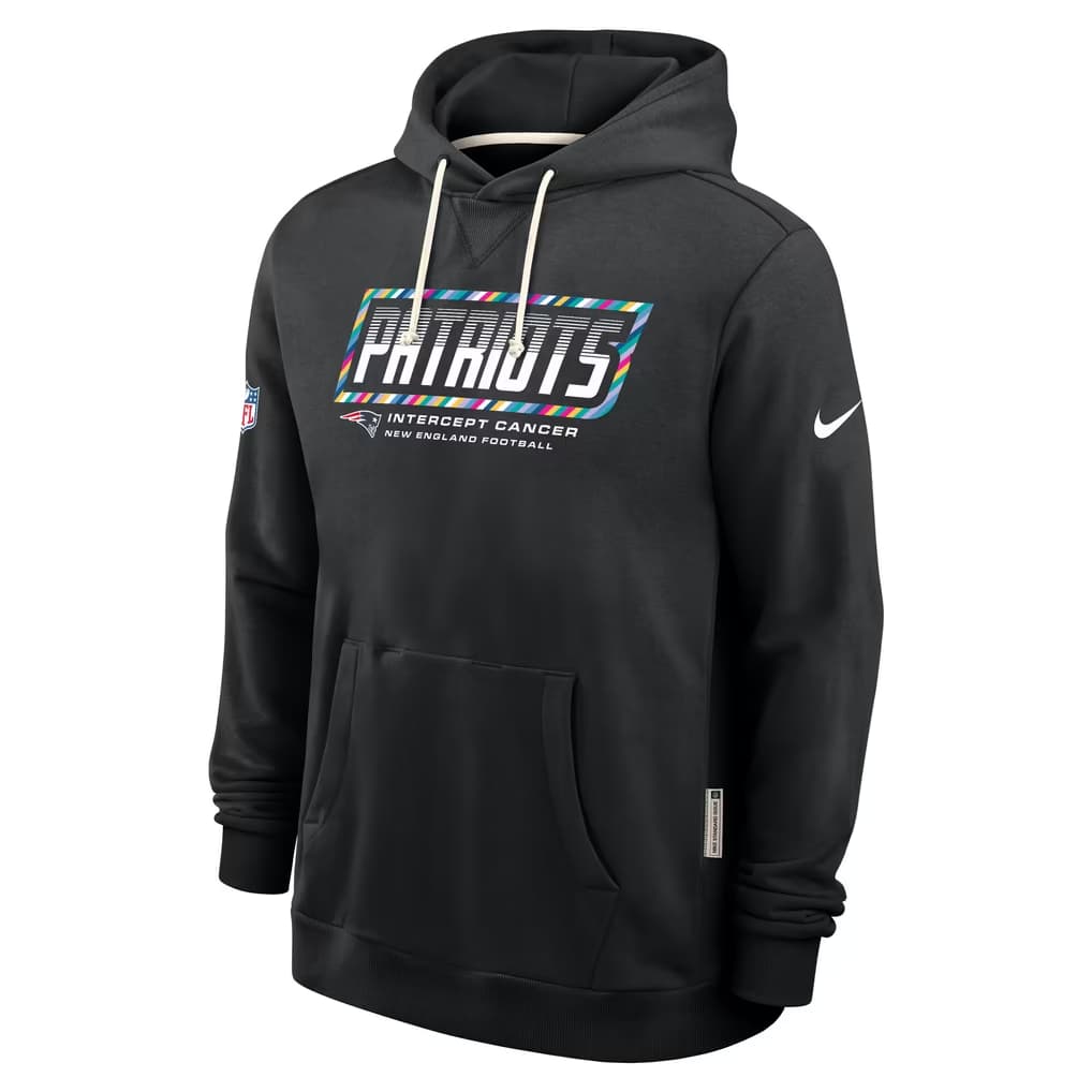 Men's New England Patriots Black 2026 Crucial Catch Sideline Standard Issue Dri-FIT Pullover Hoodie