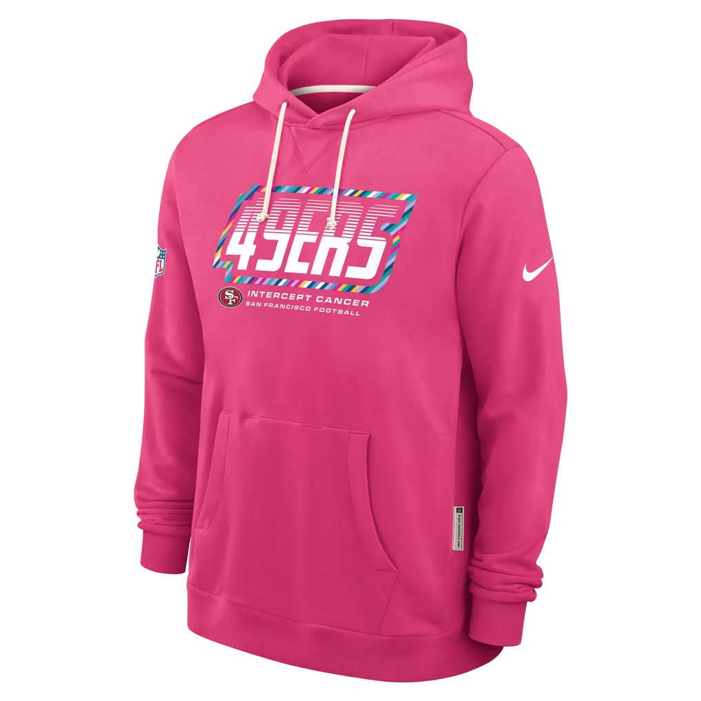 Men's San Francisco 49ers Pink 2026 Crucial Catch Sideline Standard Issue Dri-FIT Pullover Hoodie