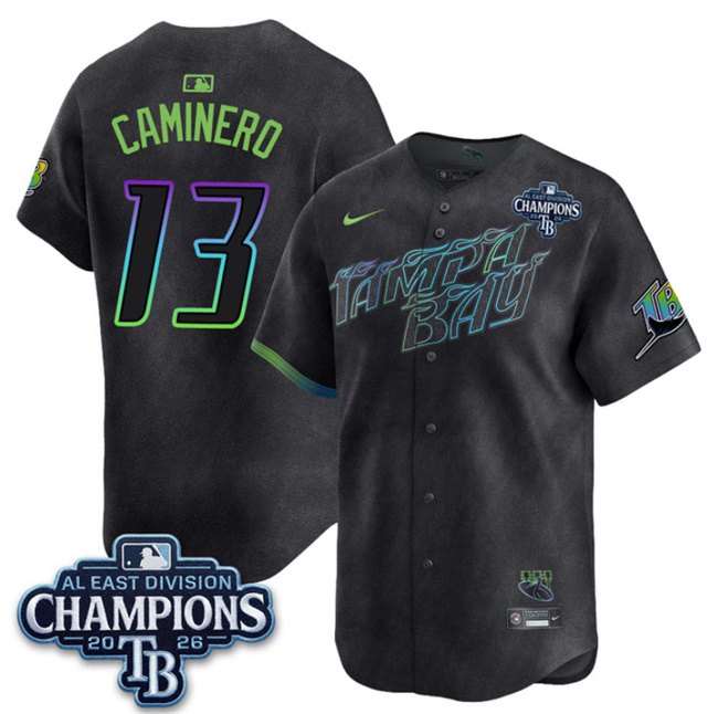 Men's Tampa Bay Rays #13 Junior Caminero Charcoal 2026 AL East Champions Patch City Connect Limited Stitched Baseball Jersey