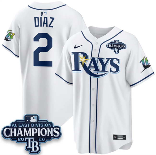 Men's Tampa Bay Rays #2 Yandy Díaz White 2026 AL East Champions Patch Limited Stitched Baseball Jersey