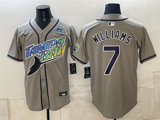 Men's Tampa Bay Rays #7 Carson Williams Gray 2026 AL East Champions Patch Vapor Limited Stitched Baseball Jersey
