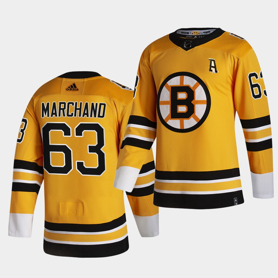 Boston Bruins Brad Marchand with A patch Men 2021 Reverse Retro Gold Authentic Jersey Gold