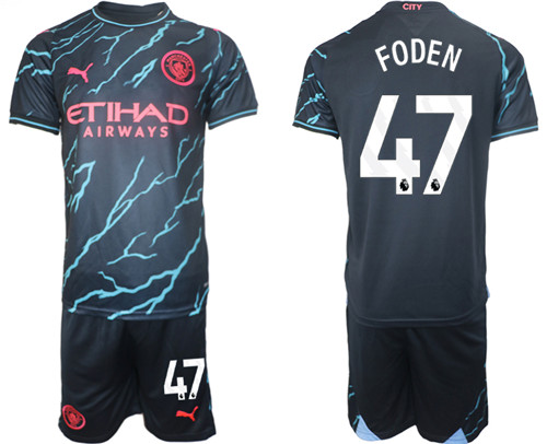 Manchester City 2nd away black 47# FODEN 2023-24 suit soccer jerseys