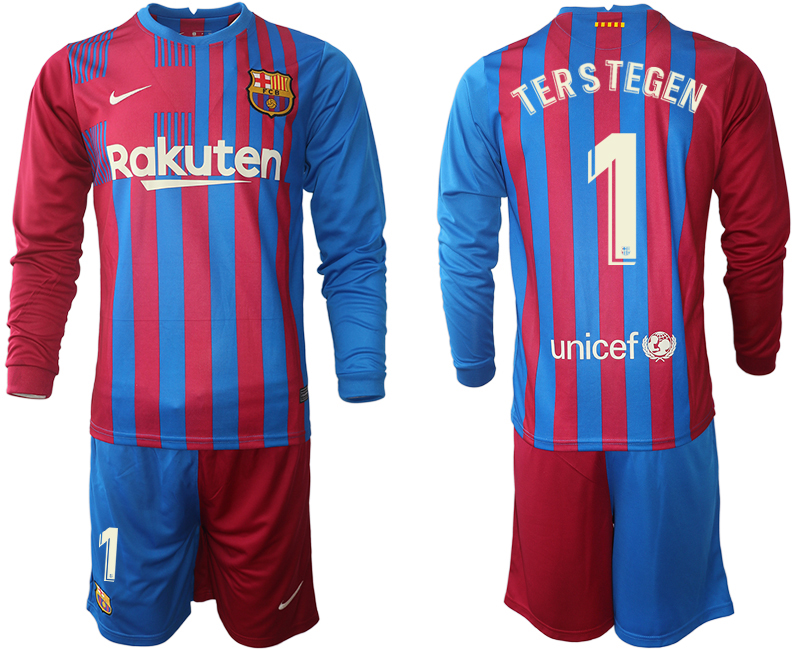 Men 2021-2022 Club Barcelona home red blue Long Sleeve 1 TERSTEGEN Nike Soccer Jersey