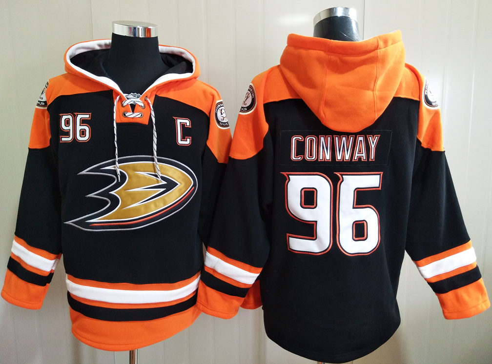 Men's Anaheim Ducks #96 Charlie Conway Black All Stitched Hooded Sweatshirt Ageless Must-Have Lace-Up Pullover Hoodie