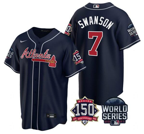 Men's Atlanta Braves #7 Dansby Swanson 2021 Navy World Series With 150th Anniversary Patch Cool Base Stitched Jersey