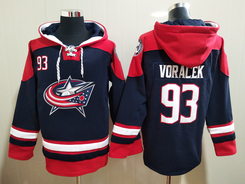 Men's Columbus Blue Jackets #93 VORACEK Dark Blue All Stitched Hooded Sweatshirt Ageless Must-Have Lace-Up Pullover Hoodie
