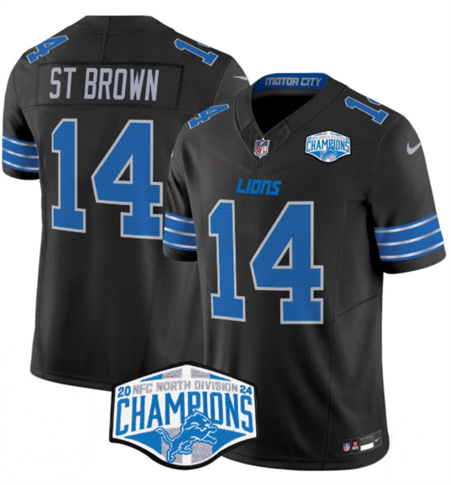 Men's Detroit Lions #14 Amon-Ra St. Brown Black 2024 NFC North Champions F.U.S.E. Vapor Limited Stitched Jersey