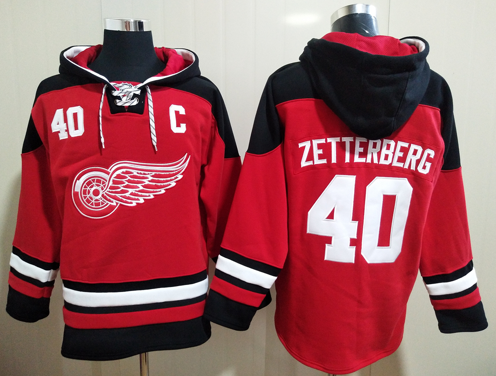 Men's Detroit Red Wings #40 Henrik Zetterberg Red All Stitched Hooded Sweatshirt Ageless Must-Have Lace-Up Pullover Hoodie