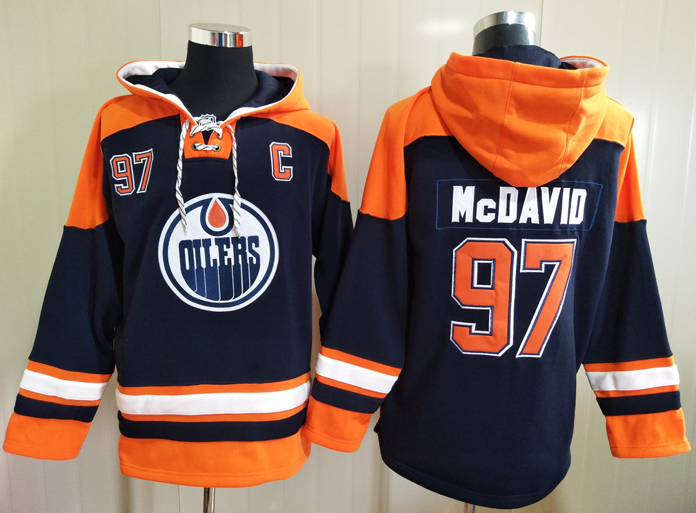 Men's Edmonton Oilers #97 Connor McDavid Dark Blue All Stitched Hooded Sweatshirt Ageless Must-Have Lace-Up Pullover Hoodie