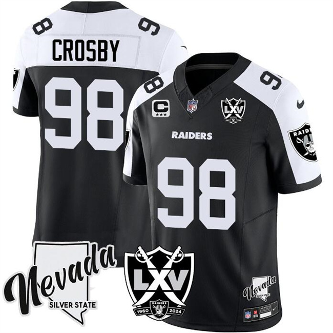 Men's Las Vegas Raiders #98 Black White 2024 F.U.S.E With Nevada Silver Stat Patch And 65th Anniversary Patch 3-Star C Patch Stitched Football Jersey