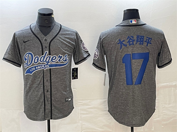 Men's Los Angeles Dodgers #17 大谷翔平 Shohei Ohtani Gray Cool Base With Patch Stitched Baseball Jersey