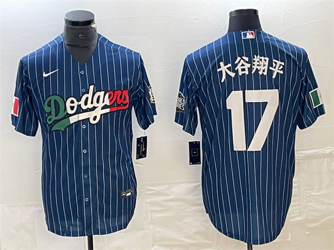 Men's Los Angeles Dodgers #17 大谷翔平 Shohei Ohtani Navy Cool Base With Patch Stitched Baseball Jerseys