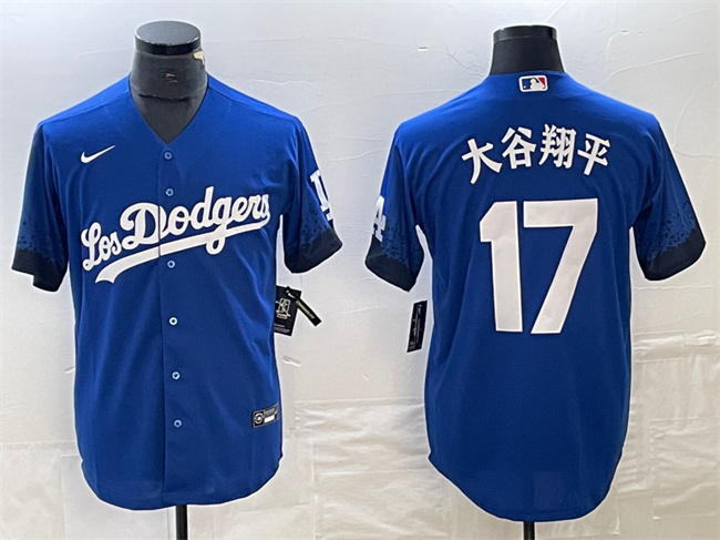 Men's Los Angeles Dodgers #17 大谷翔平 Shohei Ohtani Royal City Connect Cool Base With Patch Stitched Baseball Jersey