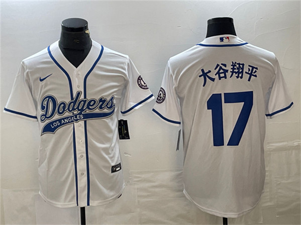 Men's Los Angeles Dodgers #17 大谷翔平 Shohei Ohtani White Cool Base With Patch Stitched Baseball Jersey