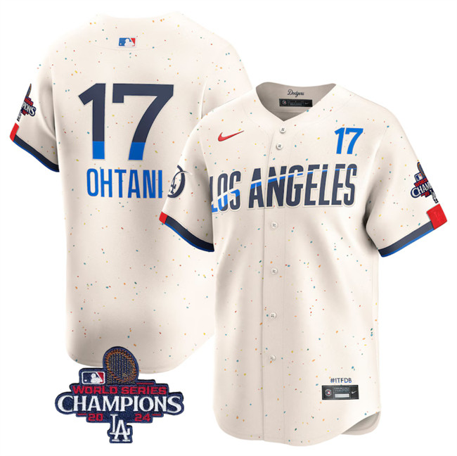 Men's Los Angeles Dodgers #17 Shohei Ohtani Cream 2024 World Series Champions City Connect Limited Stitched Baseball Jersey1