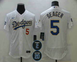 Men's Los Angeles Dodgers #5 Corey Seager White #2 #20 Patch Flex Base Sttiched MLB Jersey