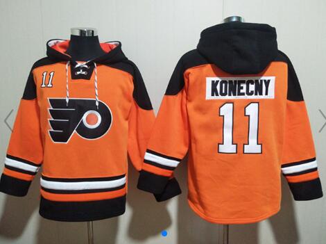 Men's Philadelphia Flyers #11 Travis Konecny Orange Ageless Must-Have Lace-Up Pullover Hoodie