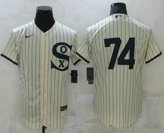 Men's chicago white sox #74 eloy jimenez 2021 cream navy field of dreams flex base stitched jersey