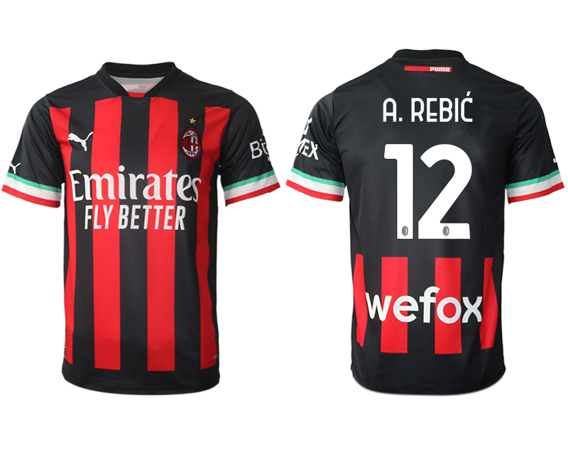 Men AC milan 12 A.REBIC home Black aaa version any name 2022-2023 jersey