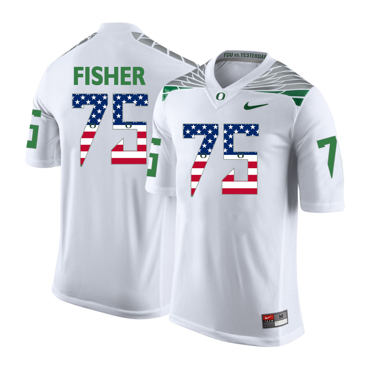 Oregon Ducks 75 Jake Fisher White USA Flag College Football Jersey