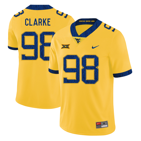 West Virginia Mountaineers 98 Will Clarke Yellow College Football Jersey
