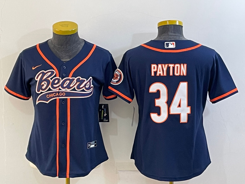 Women's Chicago Bears #34 Walter Payton Navy With Patch Cool Base Stitched Baseball Jersey