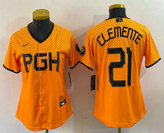 Women's Pittsburgh Pirates #21 Roberto Clemente Yellow 2023 City Connect Stitched Jersey