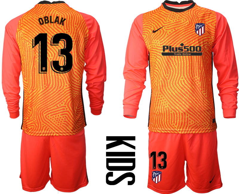 Youth 2020-21 Atletico Madrid red goalkeeper 13# OBLAK long sleeve soccer jerseys