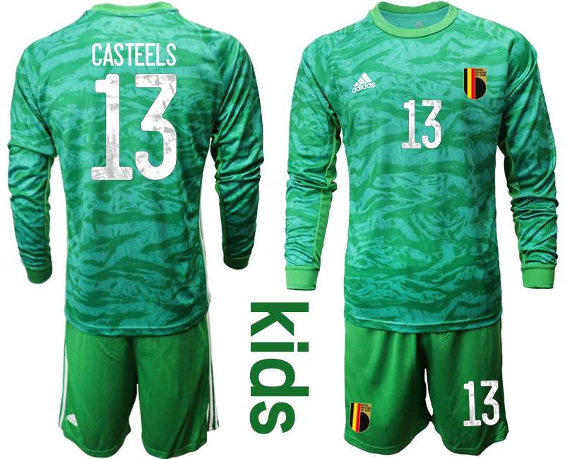 Youth 2020-21 Belgium green goalkeeper 13# CASTEELS long sleeve soccer jerseys