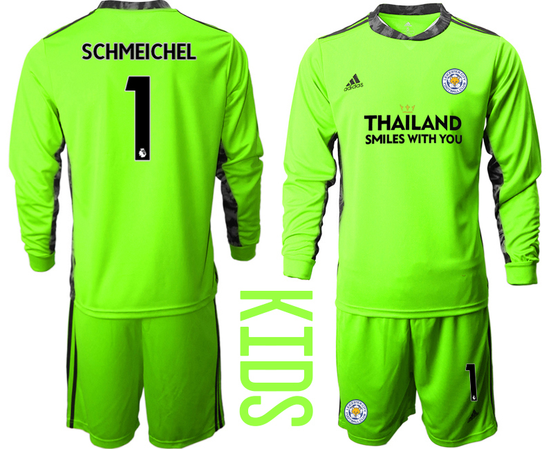 Youth 2020-21 Leicester City fluorescent green goalkeeper 1# SCHMEICHEL long sleeve soccer jerseys