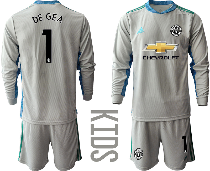 Youth 2020-21 Manchester United gray goalkeeper 1# DE GEA long sleeve soccer jerseys
