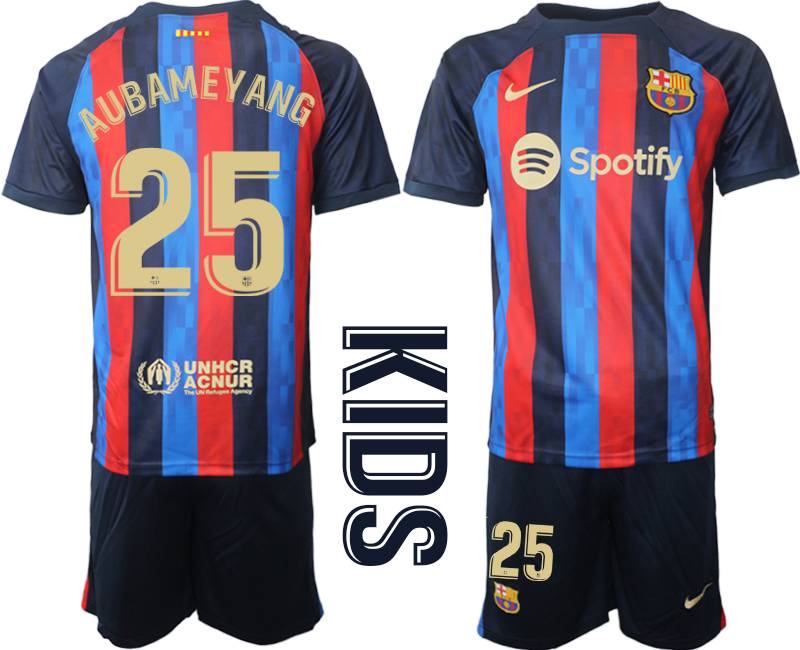 Youth 2022-2023 Barcelona 25 AUBAMEYANG home kids jerseys Suit