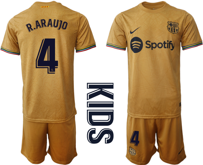 Youth 2022-2023 Barcelona 4 R.ARAUJO away kids jerseys Suit