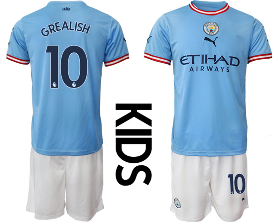 Youth 2022-2023 Manchester City 10 GREALISH home kids jerseys Suit