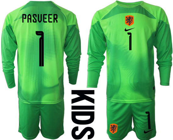 Youth 2022-2023 Netherlands 1 PASVEER green goalkeeper long sleeve kids jerseys Suit