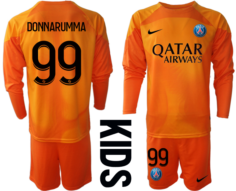 Youth 2022-2023 Paris Saint-Germain 99 DONNARUMMA Orange goalkeeper long sleeve kids jerseys Suit