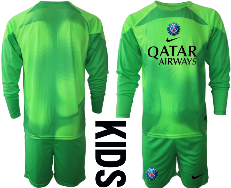 Youth 2022-2023 Paris Saint-Germain Blank green goalkeeper long sleeve kids jerseys Suit