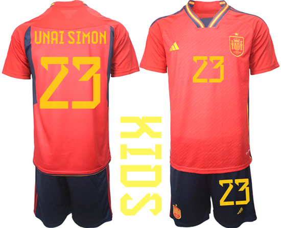 Youth 2022-2023 Spain 23 UNAI SIMON home kids jerseys Suit