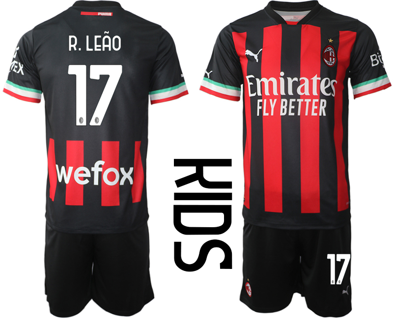 Youth AC milan  17 R.LEAO home black kids 2022-23 soccer jerseys suit
