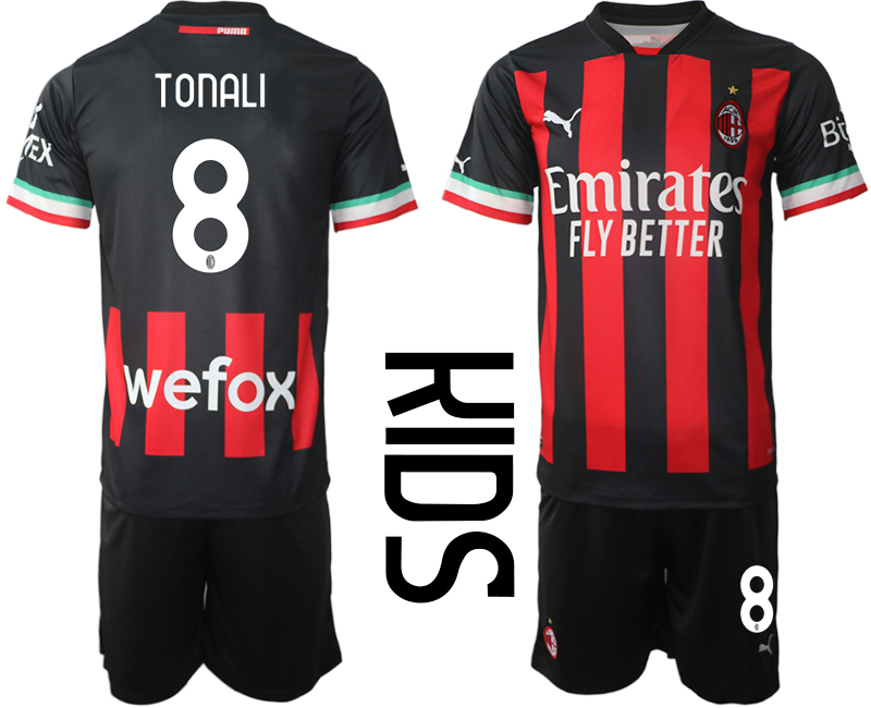 Youth AC milan  8 TONALI home black kids 2022-23 soccer jerseys suit