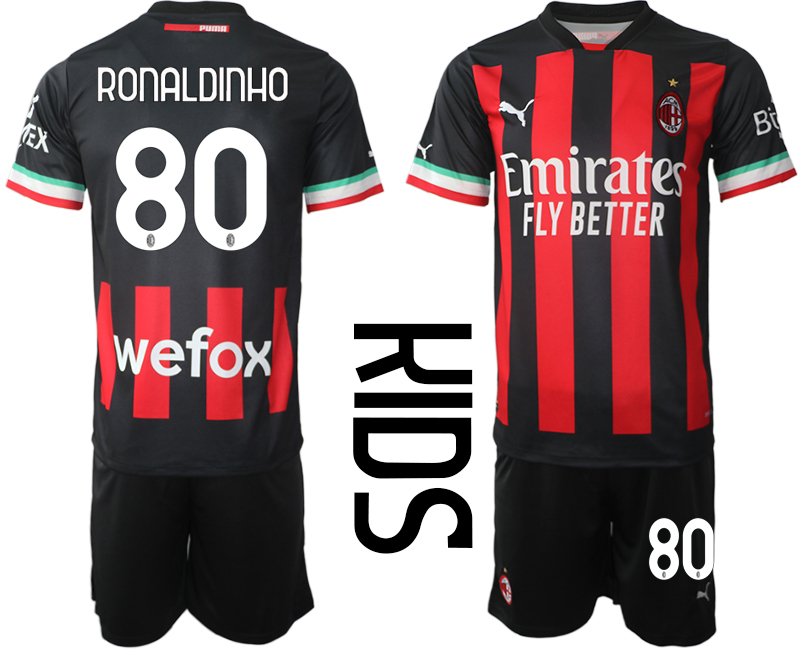 Youth AC milan  80 RONALDINHO home black kids 2022-23 soccer jerseys suit