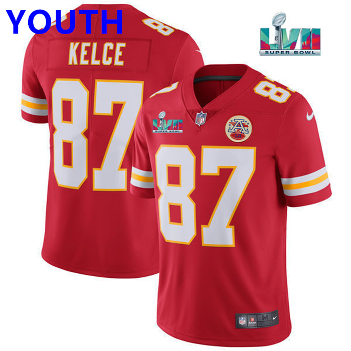 Youth Kansas City Chiefs #87 Travis Kelce Red Super Bowl LVII Patch Vapor Untouchable Limited Stitched Jersey