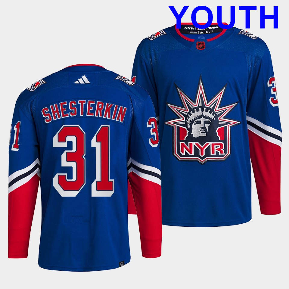 Youth New York Rangers #31 Igor Shesterkin Blue 2022 Reverse Retro Stitched Jersey