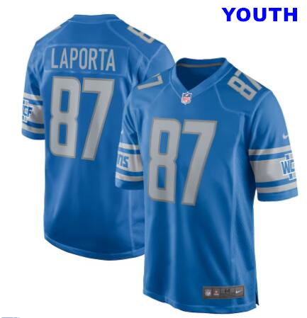 Youth Nike #87 Sam Laporta Blue Detroit Lions Team Game Jersey